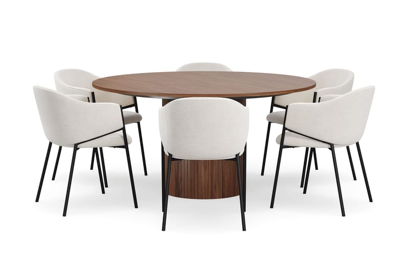 Kopparbo Runt Matbord 150 cm med 6 Filip Matstolar - Valnöt / Vit Bouclé - Möbler - Bord & matgrupper - Matgrupper