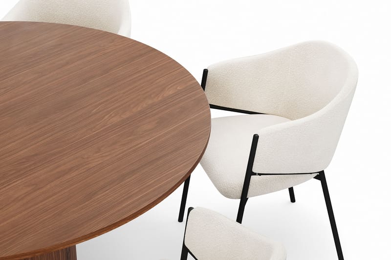 Kopparbo Runt Matbord 150 cm med 6 Filip Matstolar - Valnöt / Vit Bouclé - Möbler - Bord & matgrupper - Matgrupper