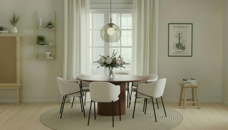 Kopparbo Runt Matbord 150 cm med 6 Filip Matstolar - Valnöt / Vit Bouclé - Möbler - Bord & matgrupper - Matgrupper