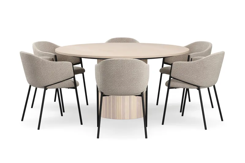 Kopparbo Runt Matbord 150 cm med 6 Filip Matstolar - Vit / Taupe Bouclé - Möbler - Bord & matgrupper - Matgrupper