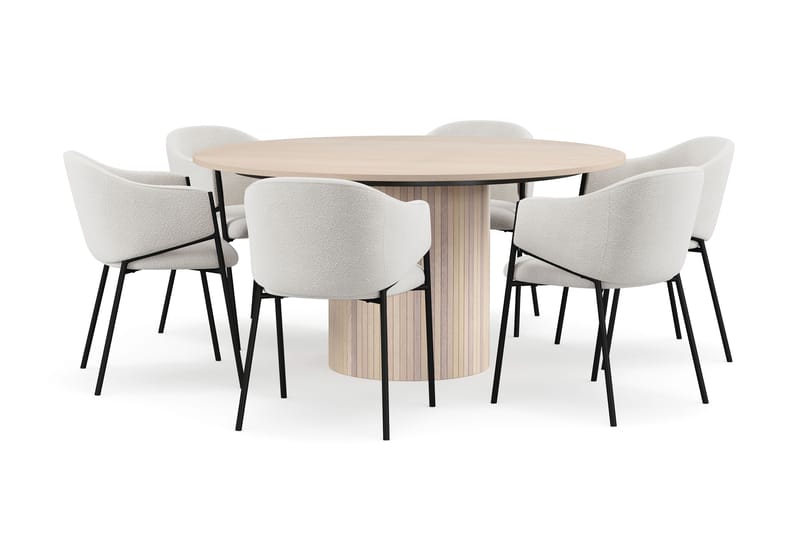 Kopparbo Runt Matbord 150 cm med 6 Filip Matstolar, Vit / Vit Bouclé