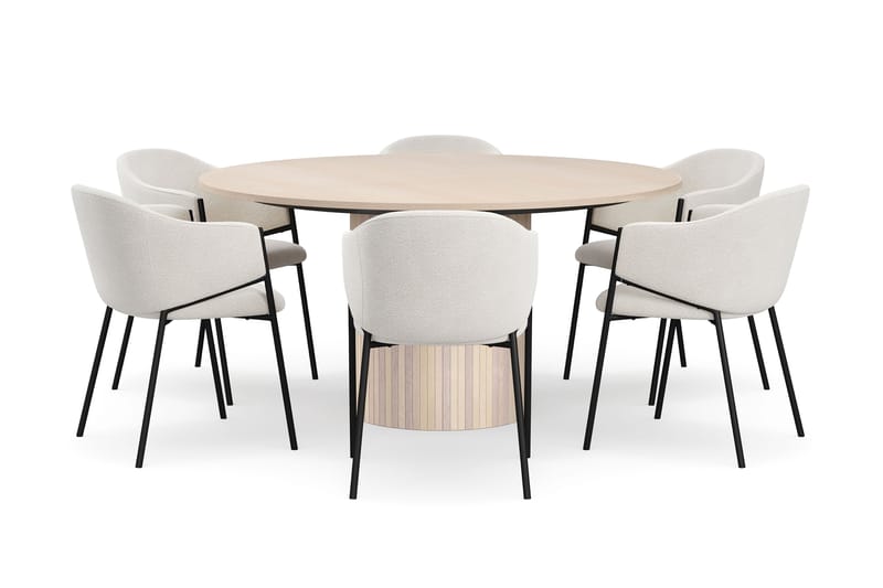 Kopparbo Runt Matbord 150 cm med 6 Filip Matstolar - Vit / Vit Bouclé - Möbler - Bord & matgrupper - Matgrupper
