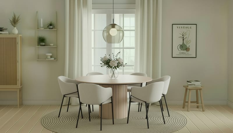 Kopparbo Runt Matbord 150 cm med 6 Filip Matstolar - Vit / Vit Bouclé - Möbler - Bord & matgrupper - Matgrupper