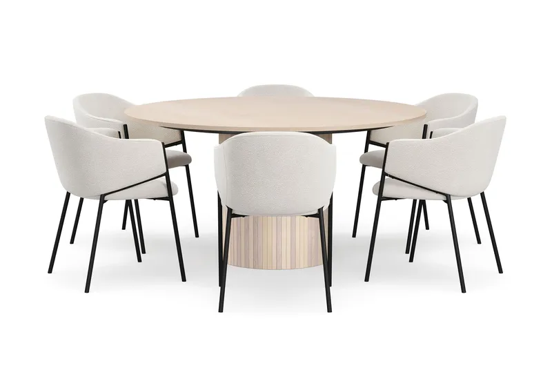 Kopparbo Runt Matbord 150 cm med 6 Filip Matstolar - Vit / Vit Bouclé - Möbler - Bord & matgrupper - Matgrupper