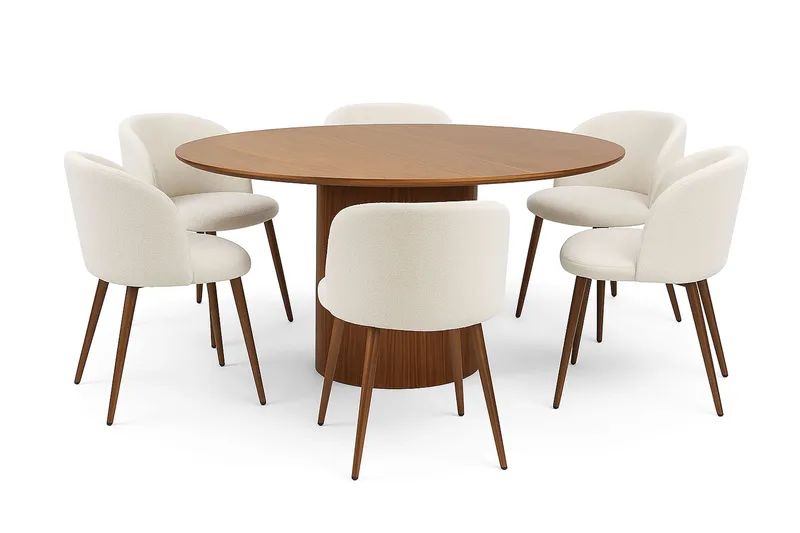 Kopparbo Runt Matbord 150 cm med 6 Greya Matstolar med armstöd, Valnöt / Vit Bouclé / Metallben Valnöt