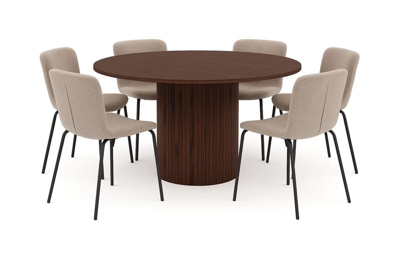 Kopparbo Runt Matbord 150 cm med 6 Katy Matstolar, Valnöt / Greige Bouclé / Metallben Svart