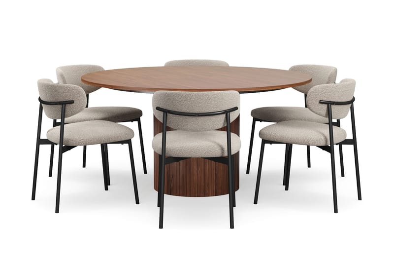 Kopparbo Runt Matbord 150 cm med 6 Lucy Matstolar, Valnöt / Greige Bouclé / Metallben Svart