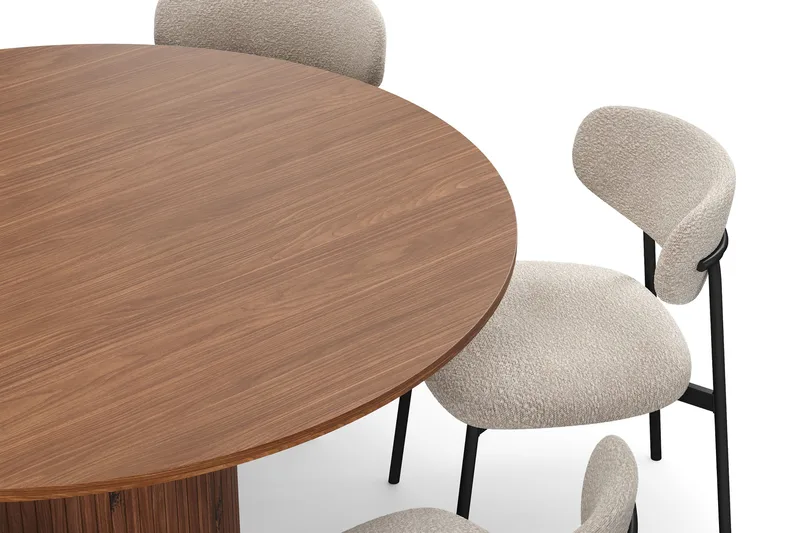 Kopparbo Runt Matbord 150 cm med 6 Lucy Matstolar - Valnöt / Greige Bouclé / Metallben Svart - Möbler - Bord & matgrupper - Matgrupper