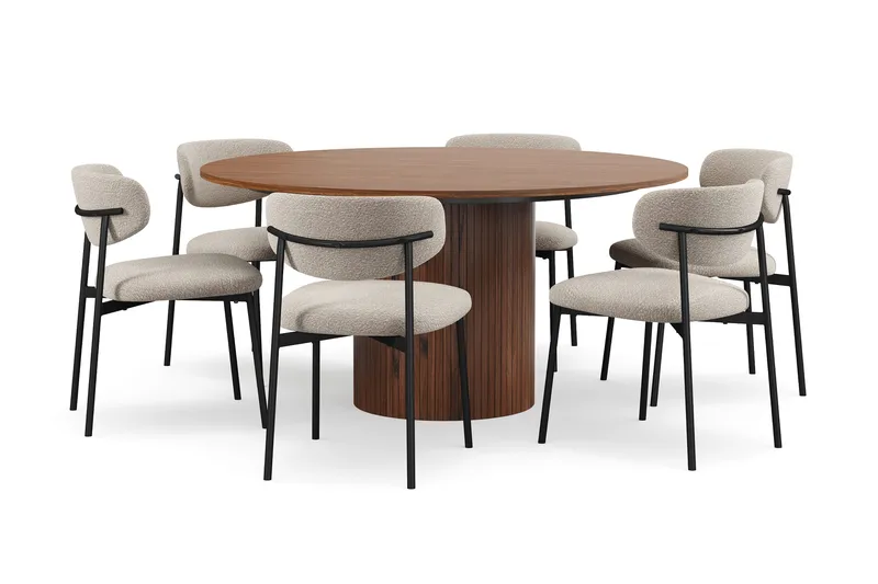 Kopparbo Runt Matbord 150 cm med 6 Lucy Matstolar - Valnöt / Greige Bouclé / Metallben Svart - Möbler - Bord & matgrupper - Matgrupper