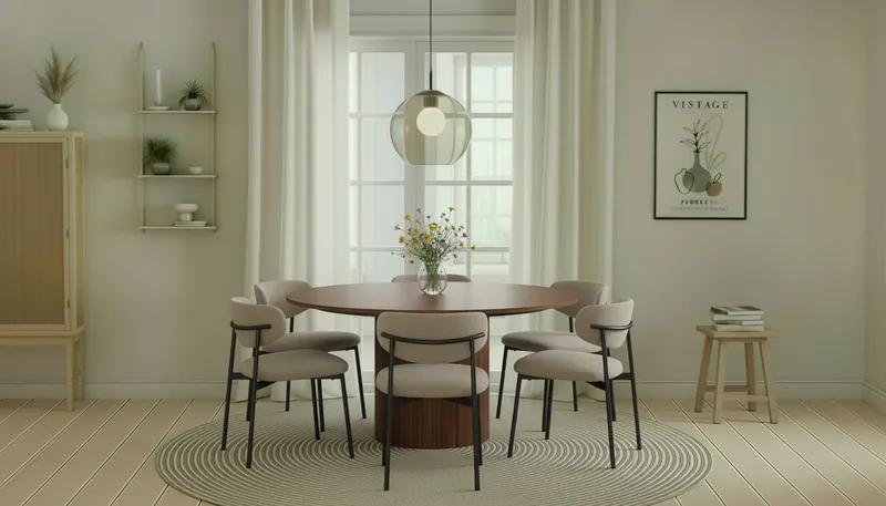 Kopparbo Runt Matbord 150 cm med 6 Lucy Matstolar - Valnöt / Greige Bouclé / Metallben Svart - Möbler - Bord & matgrupper - Matgrupper