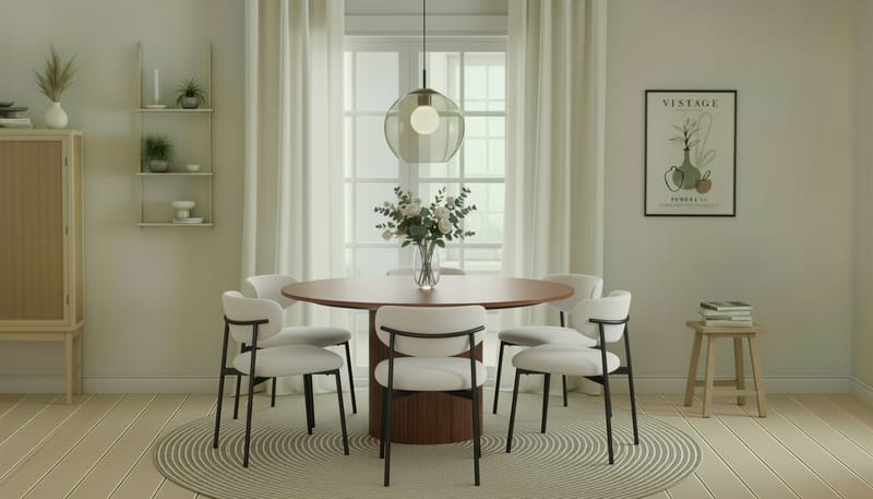 Kopparbo Runt Matbord 150 cm med 6 Lucy Matstolar - Valnöt / Vit Bouclé / Metallben Svart - Möbler - Bord & matgrupper - Matgrupper