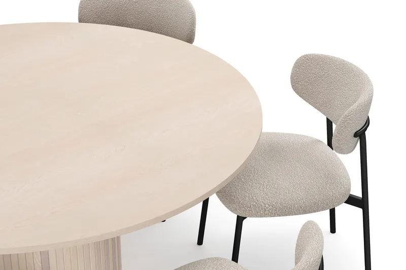 Kopparbo Runt Matbord 150 cm med 6 Lucy Matstolar - Vit / Greige Bouclé / Metallben Svart - Möbler - Bord & matgrupper - Matgrupper
