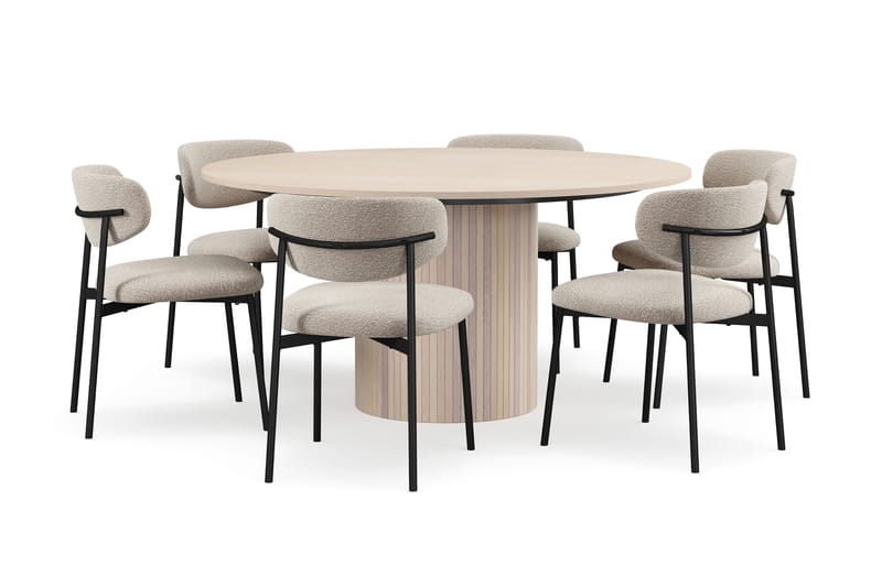Kopparbo Runt Matbord 150 cm med 6 Lucy Matstolar - Vit / Greige Bouclé / Metallben Svart - Möbler - Bord & matgrupper - Matgrupper