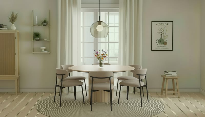 Kopparbo Runt Matbord 150 cm med 6 Lucy Matstolar - Vit / Greige Bouclé / Metallben Svart - Möbler - Bord & matgrupper - Matgrupper