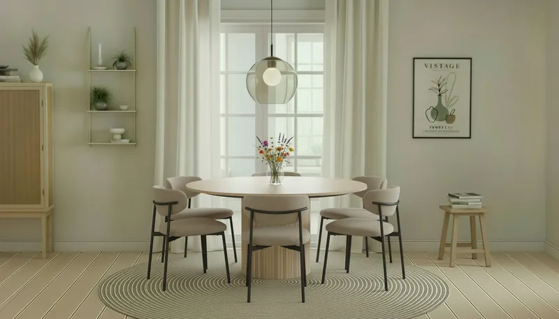 Kopparbo Runt Matbord 150 cm med 6 Lucy Matstolar - Vit / Greige Bouclé / Metallben Svart - Möbler - Bord & matgrupper - Matgrupper