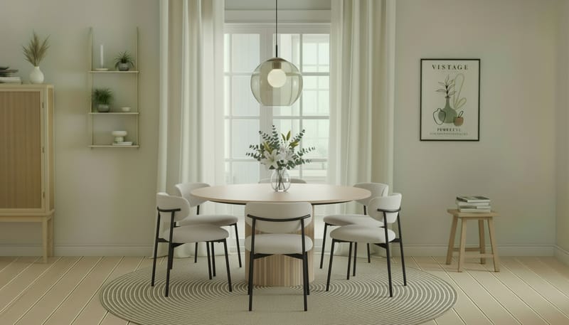 Kopparbo Runt Matbord 150 cm med 6 Lucy Matstolar - Vit / Vit Bouclé / Metallben Svart - Möbler - Bord & matgrupper - Matgrupper