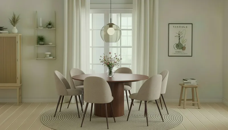 Kopparbo Runt Matbord 150 cm med 6 Nibe Plus Matstolar - Valnöt / Greige Bouclé / Metallben Valnöt - Möbler - Bord & matgrupper - Matgrupper