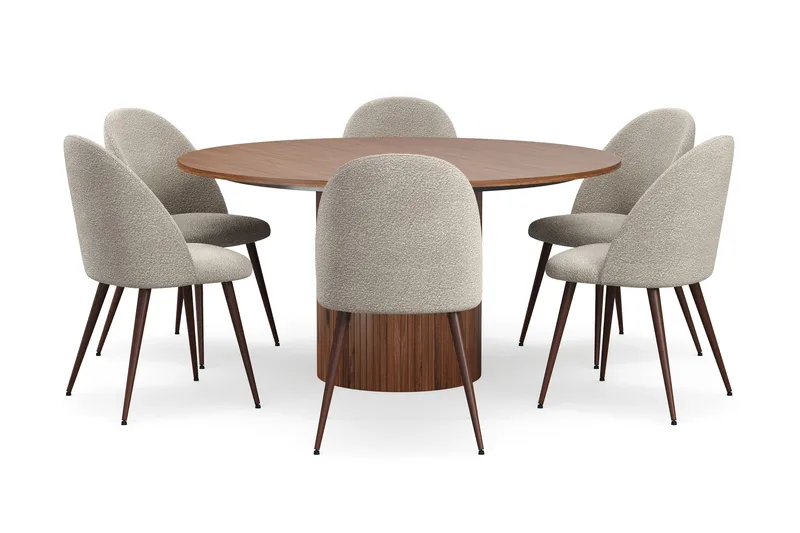 Kopparbo Runt Matbord 150 cm med 6 Nibe Plus Matstolar - Valnöt / Greige Bouclé / Metallben Valnöt - Möbler - Bord & matgrupper - Matgrupper