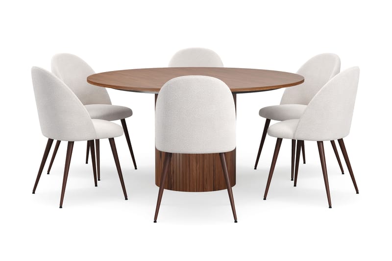 Kopparbo Runt Matbord 150 cm med 6 Nibe Plus Matstolar - Valnöt / Vit Bouclé / Metallben Valnöt - Möbler - Bord & matgrupper - Matgrupper