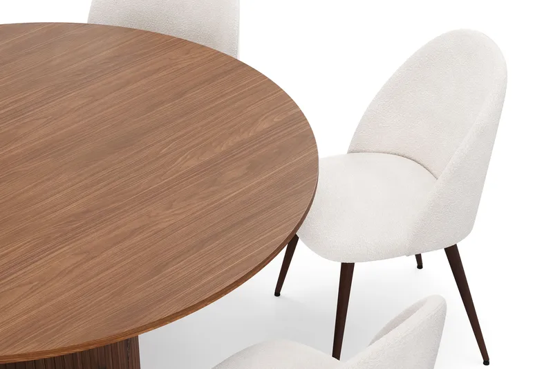 Kopparbo Runt Matbord 150 cm med 6 Nibe Plus Matstolar - Valnöt / Vit Bouclé / Metallben Valnöt - Möbler - Bord & matgrupper - Matgrupper