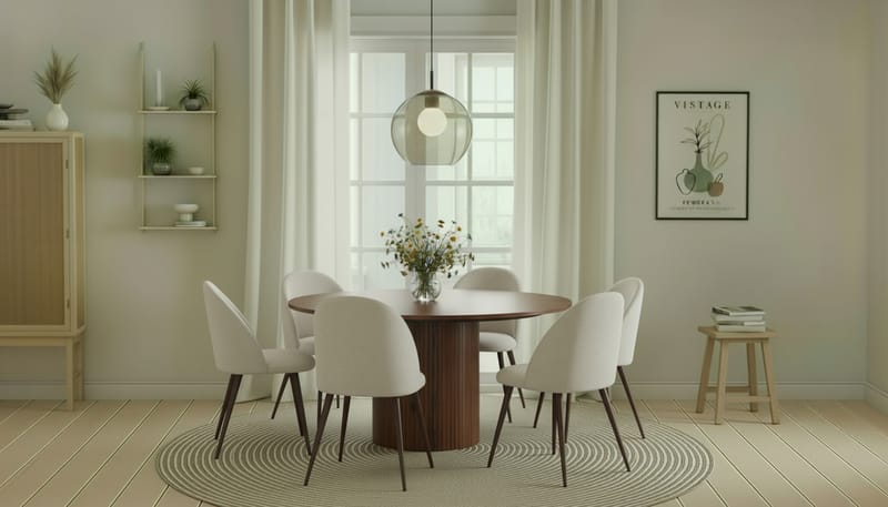 Kopparbo Runt Matbord 150 cm med 6 Nibe Plus Matstolar - Valnöt / Vit Bouclé / Metallben Valnöt - Möbler - Bord & matgrupper - Matgrupper