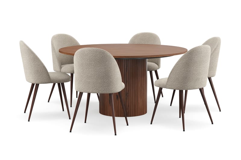 Kopparbo Runt Matbord 150 cm med 6 Nibe Plus Matstolar, Valnöt / Greige Bouclé / Metallben Valnöt