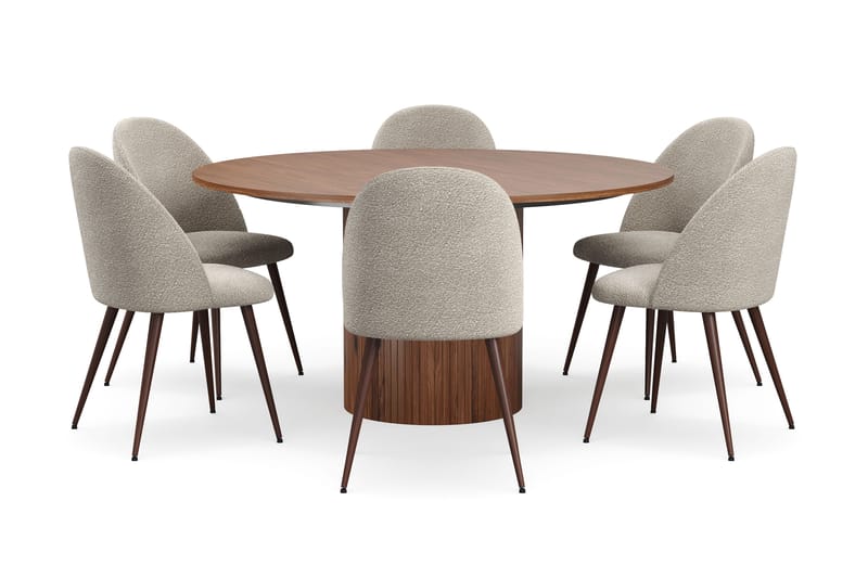 Kopparbo Runt Matbord 150 cm med 6 Nibe Plus Matstolar - Valnöt / Greige Bouclé / Metallben Valnöt - Möbler - Bord & matgrupper - Matgrupper
