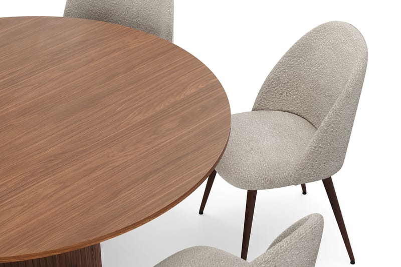 Kopparbo Runt Matbord 150 cm med 6 Nibe Plus Matstolar - Valnöt / Greige Bouclé / Metallben Valnöt - Möbler - Bord & matgrupper - Matgrupper