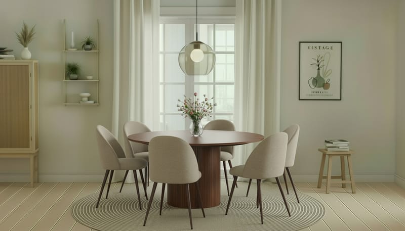 Kopparbo Runt Matbord 150 cm med 6 Nibe Plus Matstolar - Valnöt / Greige Bouclé / Metallben Valnöt - Möbler - Bord & matgrupper - Matgrupper