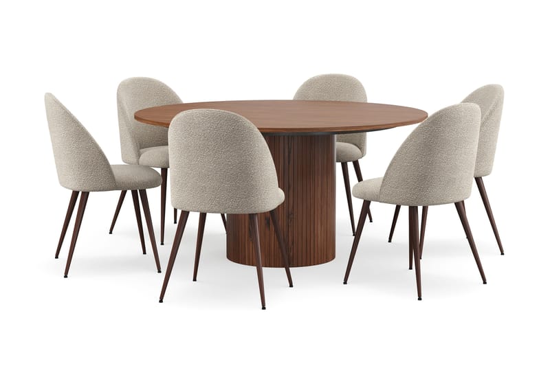 Kopparbo Runt Matbord 150 cm med 6 Nibe Plus Matstolar, Valnöt / Greige Bouclé / Metallben Valnöt