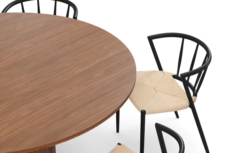 Kopparbo Runt Matbord 150 cm med 6 Winston Matstolar - Valnöt / Beige / Metallben Svart - Möbler - Bord & matgrupper - Matgrupper