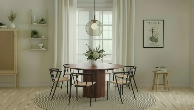 Kopparbo Runt Matbord 150 cm med 6 Winston Matstolar - Valnöt / Beige / Metallben Svart - Möbler - Bord & matgrupper - Matgrupper