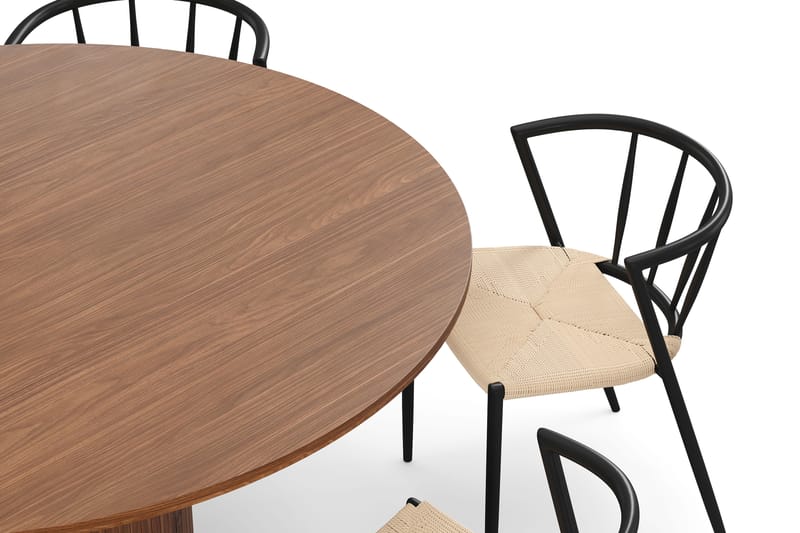 Kopparbo Runt Matbord 150 cm med 6 Winston Matstolar - Valnöt / Beige / Metallben Svart - Möbler - Bord & matgrupper - Matgrupper