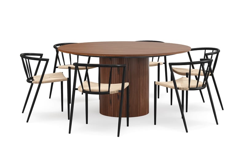 Kopparbo Runt Matbord 150 cm med 6 Winston Matstolar - Valnöt / Beige / Metallben Svart - Möbler - Bord & matgrupper - Matgrupper
