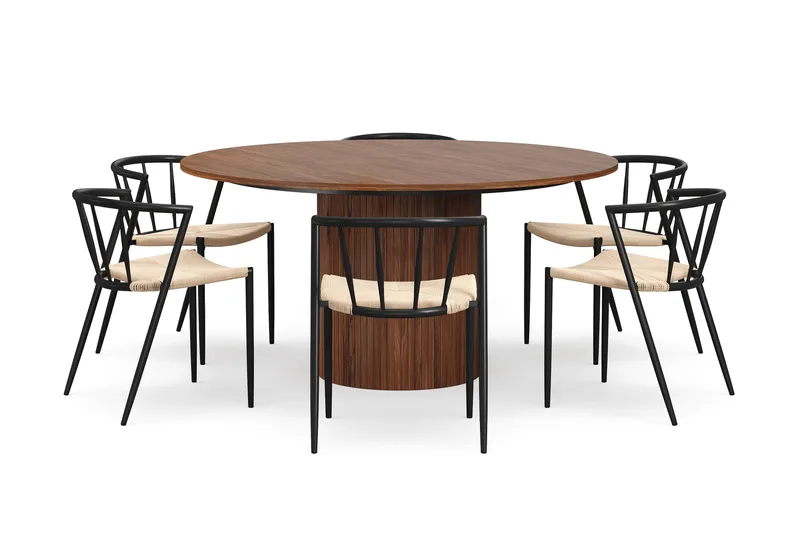 Kopparbo Runt Matbord 150 cm med 6 Winston Matstolar - Valnöt / Beige / Metallben Svart - Möbler - Bord & matgrupper - Matgrupper