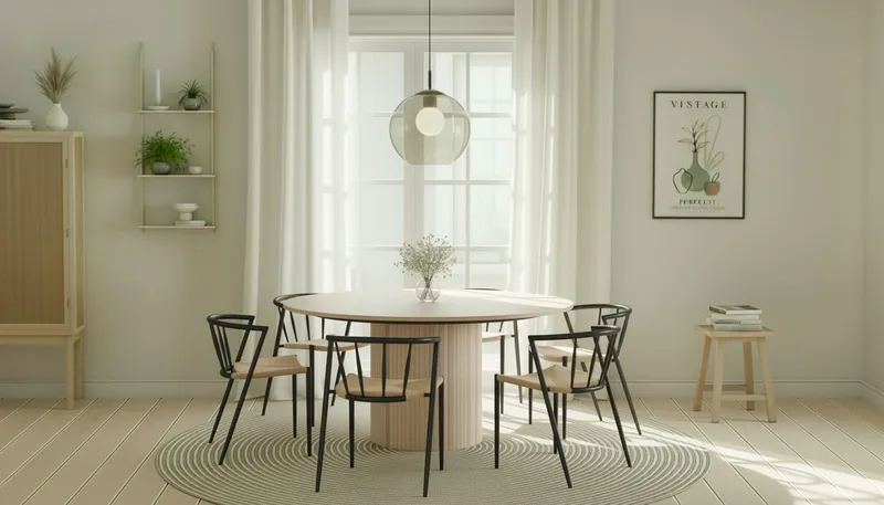 Kopparbo Runt Matbord 150 cm med 6 Winston Matstolar - Vit / Beige / Metallben Svart - Möbler - Bord & matgrupper - Matgrupper