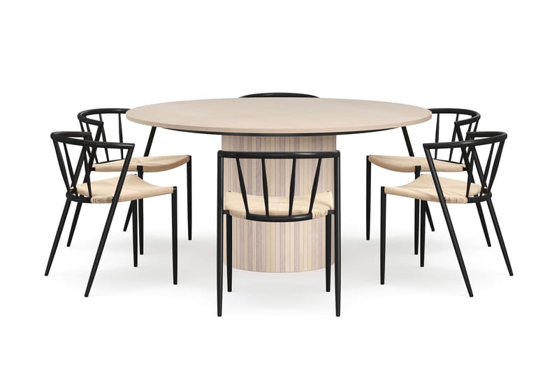 Kopparbo Runt Matbord 150 cm med 6 Winston Matstolar - Vit / Beige / Metallben Svart - Möbler - Bord & matgrupper - Matgrupper