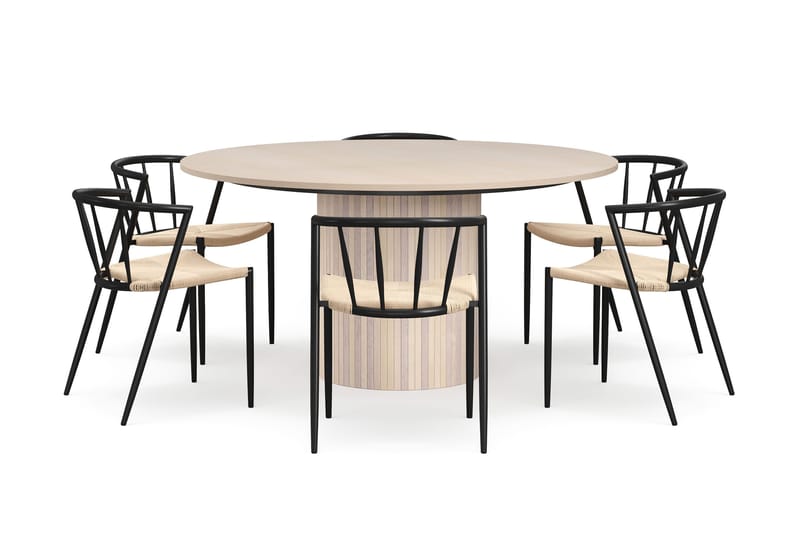 Kopparbo Runt Matbord 150 cm med 6 Winston Matstolar - Vit / Beige / Metallben Svart - Möbler - Bord & matgrupper - Matgrupper