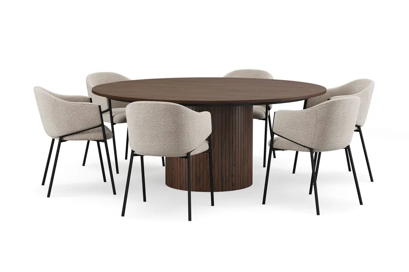 Kopparbo Runt Matbord 180 cm med 6 Filip Matstolar, Valnöt / Taupe Bouclé