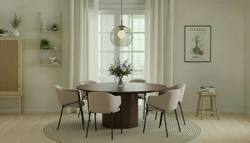 Kopparbo Runt Matbord 180 cm med 6 Filip Matstolar - Valnöt / Taupe Bouclé - Möbler - Bord & matgrupper - Matgrupper