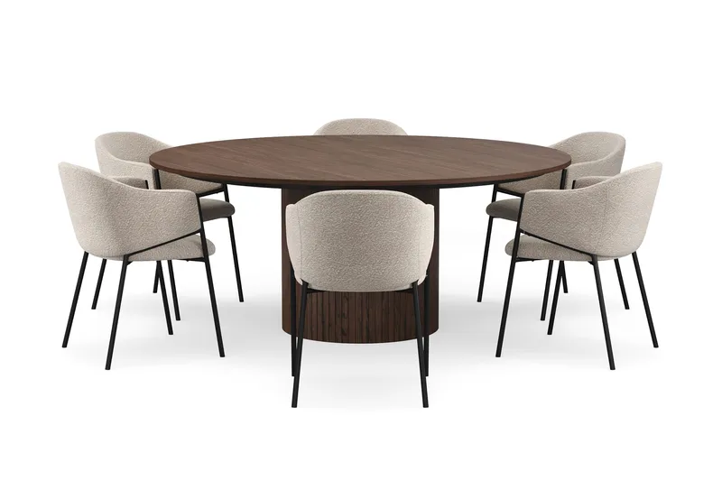 Kopparbo Runt Matbord 180 cm med 6 Filip Matstolar - Valnöt / Taupe Bouclé - Möbler - Bord & matgrupper - Matgrupper