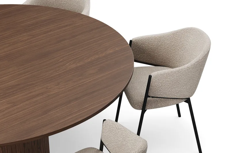 Kopparbo Runt Matbord 180 cm med 6 Filip Matstolar - Valnöt / Taupe Bouclé - Möbler - Bord & matgrupper - Matgrupper