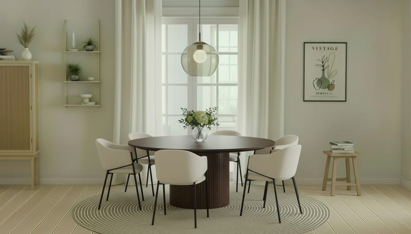 Kopparbo Runt Matbord 180 cm med 6 Filip Matstolar - Valnöt / Vit Bouclé - Möbler - Bord & matgrupper - Matgrupper