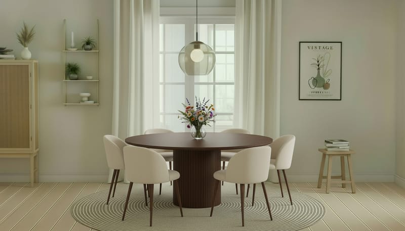 Kopparbo Runt Matbord 180 cm med 6 Greya Matstolar med armstöd - Valnöt / Vit Bouclé / Metallben Valnöt - Möbler - Bord & matgrupper - Matgrupper