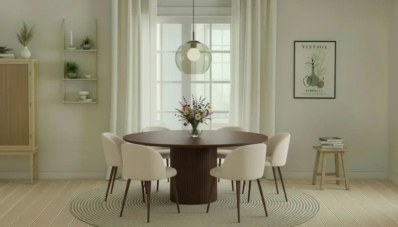 Kopparbo Runt Matbord 180 cm med 6 Greya Matstolar med armstöd - Valnöt / Vit Bouclé / Metallben Valnöt - Möbler - Bord & matgrupper - Matgrupper