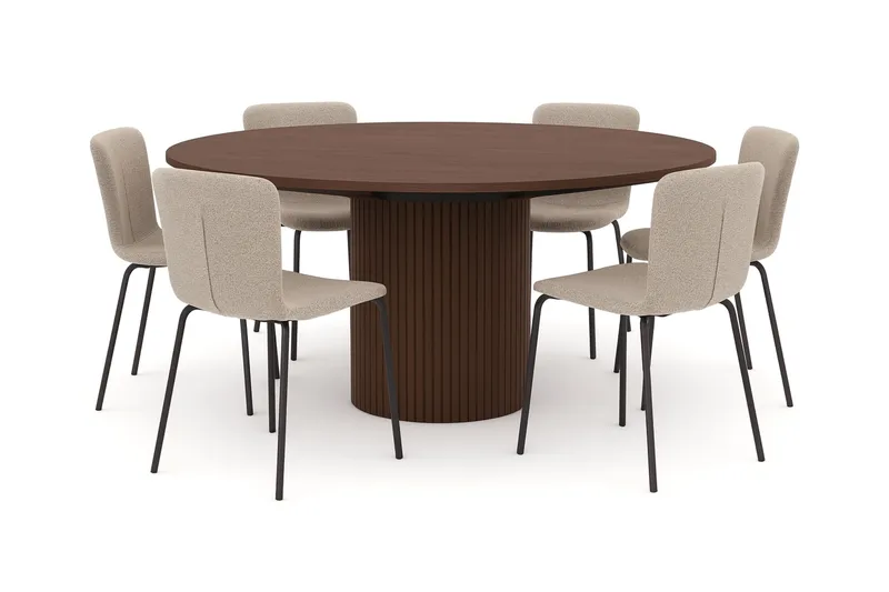 Kopparbo Runt Matbord 180 cm med 6 Katy Matstolar, Valnöt / Greige Bouclé / Metallben Svart