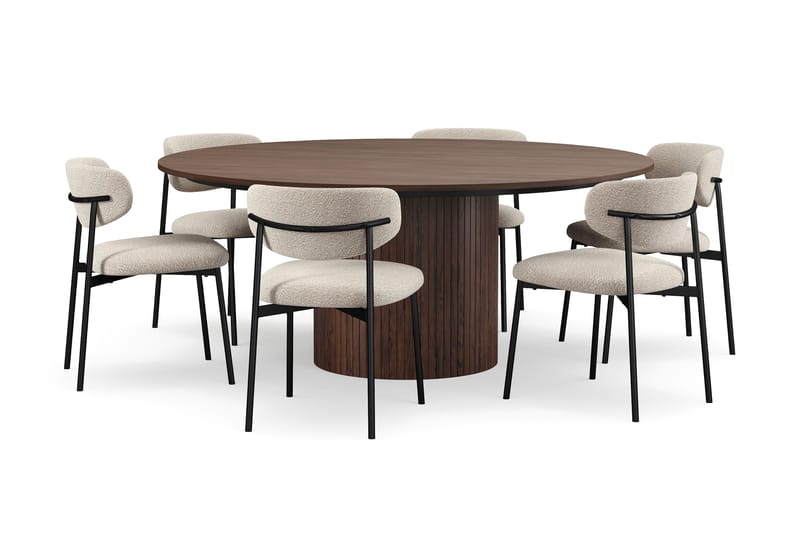 Kopparbo Runt Matbord 180 cm med 6 Lucy Matstolar - Valnöt / Greige Bouclé / Metallben Svart - Möbler - Bord & matgrupper - Matgrupper