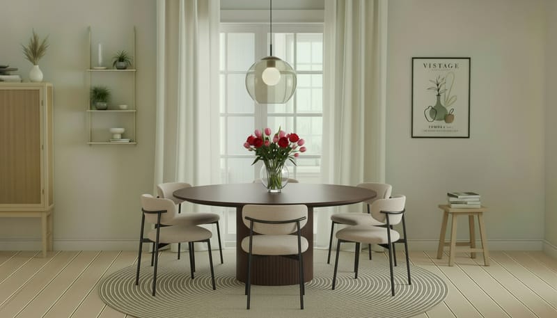 Kopparbo Runt Matbord 180 cm med 6 Lucy Matstolar - Valnöt / Greige Bouclé / Metallben Svart - Möbler - Bord & matgrupper - Matgrupper