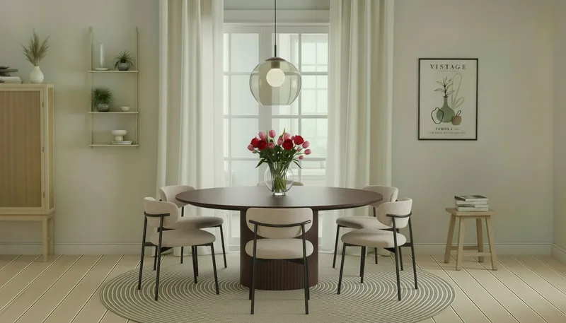 Kopparbo Runt Matbord 180 cm med 6 Lucy Matstolar - Valnöt / Greige Bouclé / Metallben Svart - Möbler - Bord & matgrupper - Matgrupper