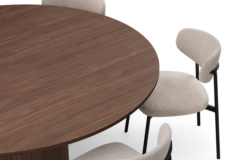 Kopparbo Runt Matbord 180 cm med 6 Lucy Matstolar - Valnöt / Greige Bouclé / Metallben Svart - Möbler - Bord & matgrupper - Matgrupper